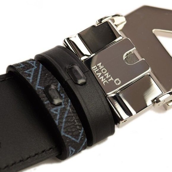 MONTBLANC Mens Black Blue M MONOGRAM Reversible Canvas Belt ONE SIZE Italy NEW - Picture 2 of 3